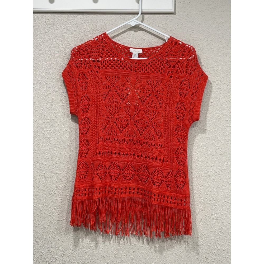 NWT Chicos Orange Crochet Fringe Sweater Boho Hippie Beach Cover Up Pullover 0 S - Picture 2 of 4